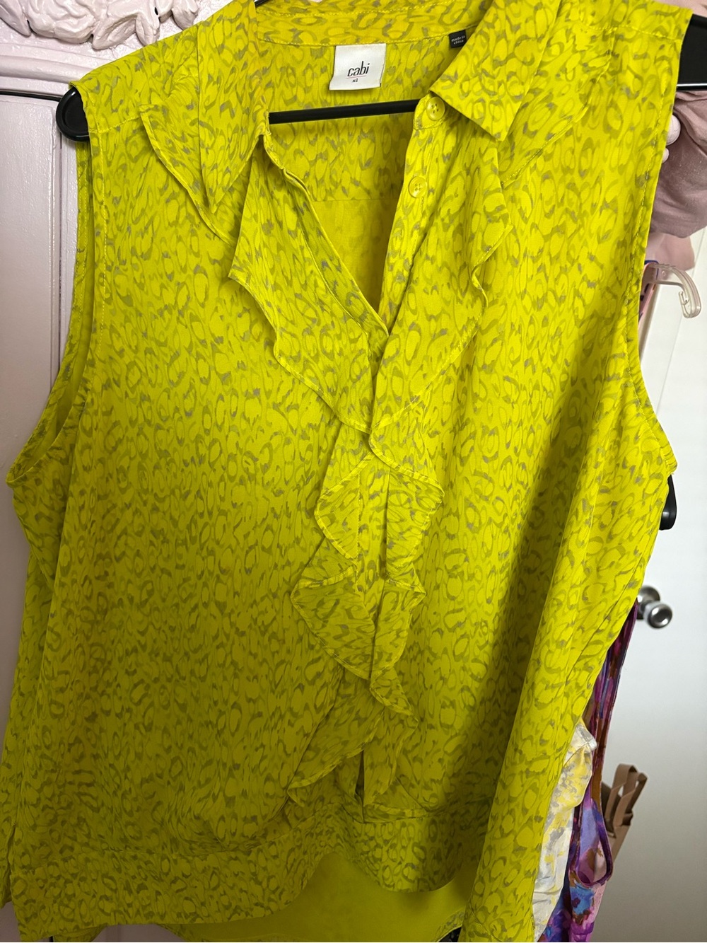 CAbi Sleeveless Ruffle V-Neck Blouse in Bright Yellow Animal Print